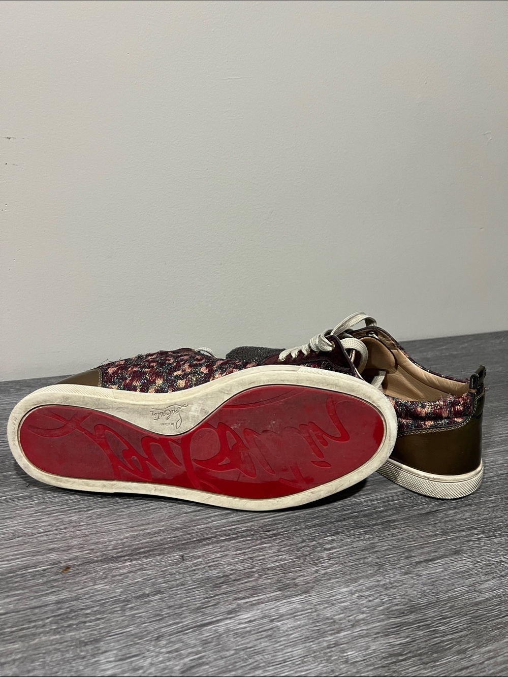 Christian Louboutin Embellished Tweed Low-Top Sneakers in Burgundy and brown - Picture 7 of 7